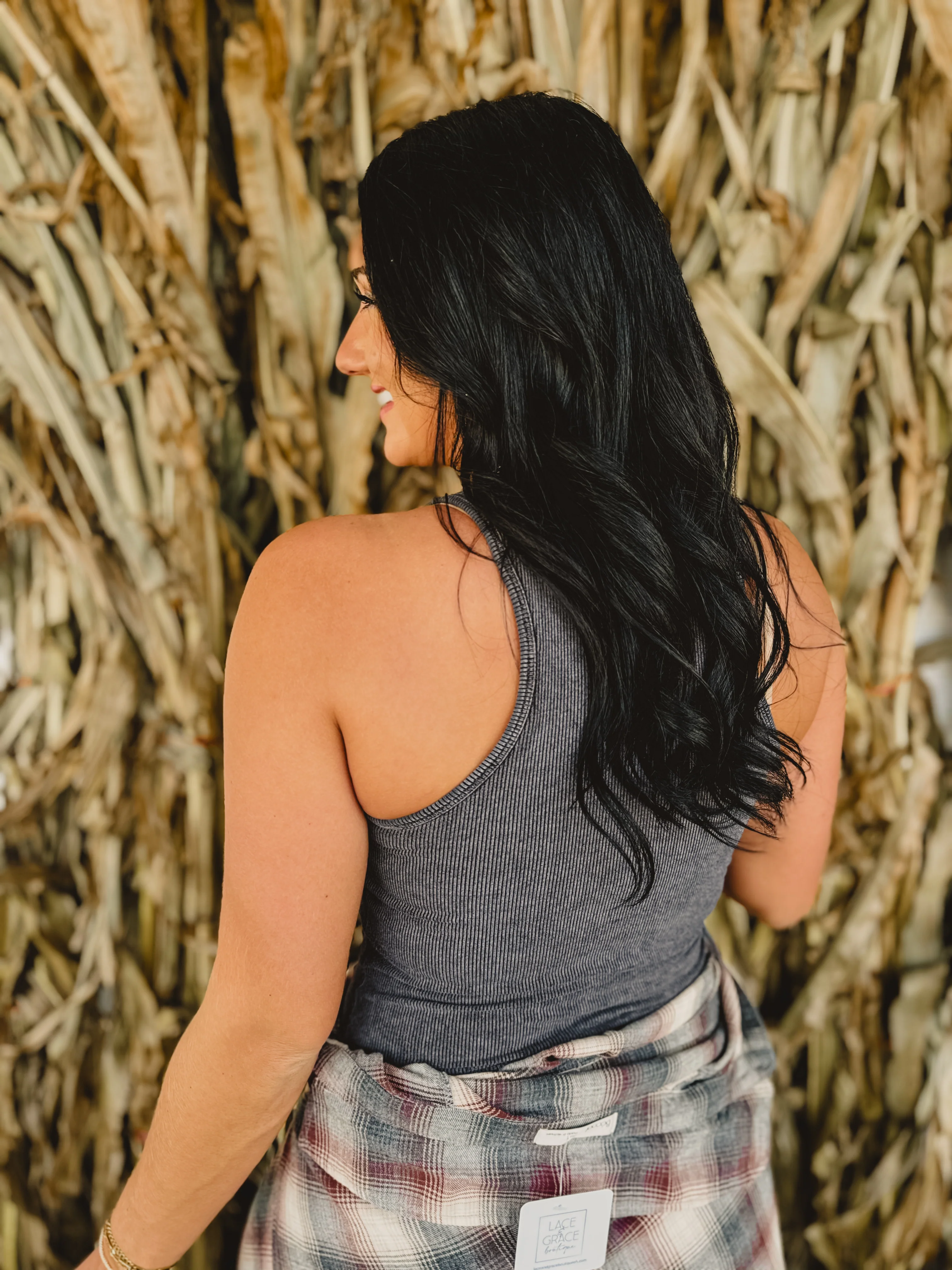 Washed Racerback Padded Tank Top - Ash Black