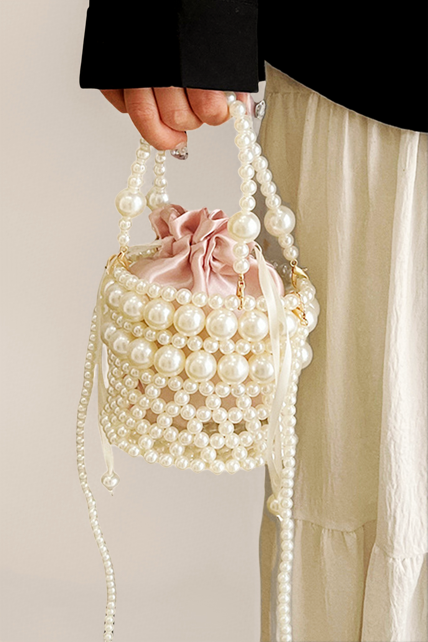 Faux Pearl Drawstring Bucket Bag
