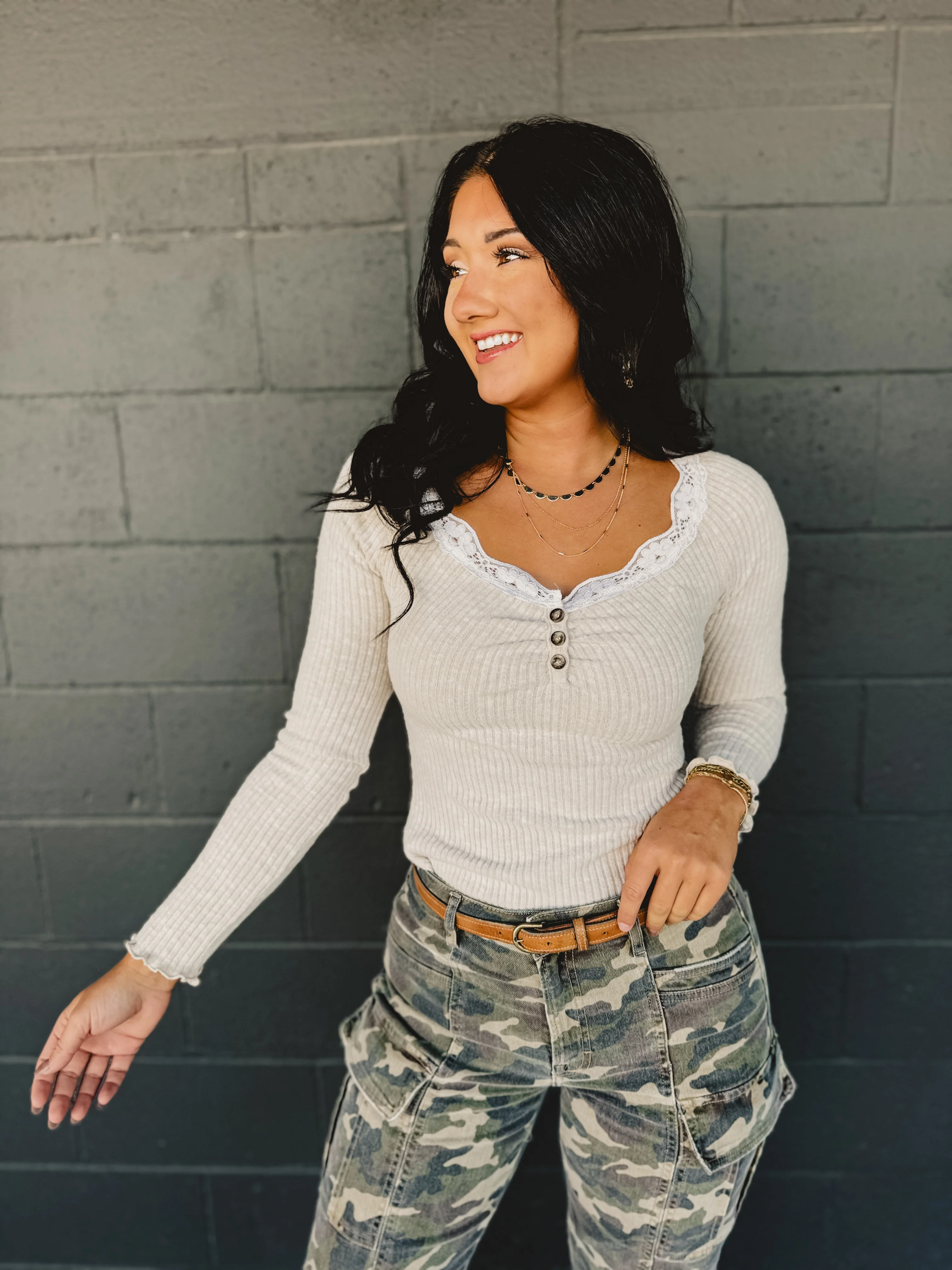 Lace Trimmed Ribbed Long Sleeve Top - Soft Taupe