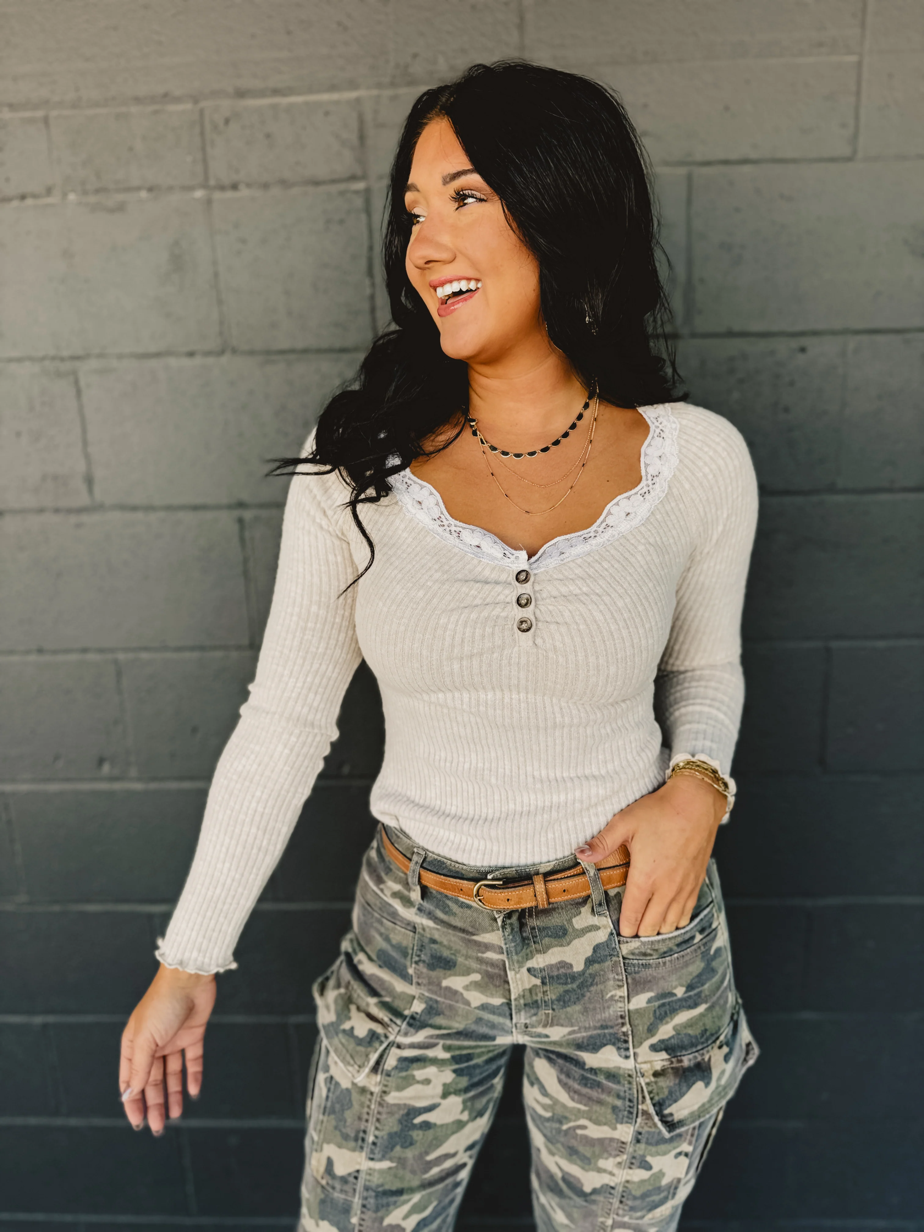 Lace Trimmed Ribbed Long Sleeve Top - Soft Taupe