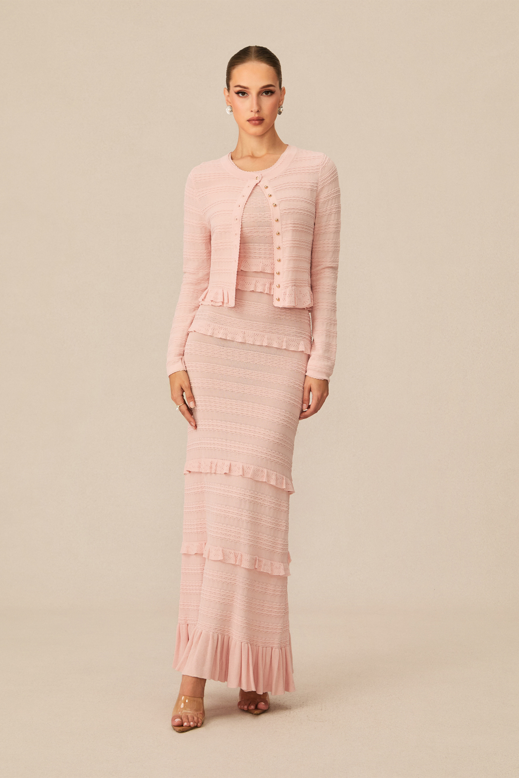 Simplicity Pink Textured Knit Maxi Dress & Cardigan Set