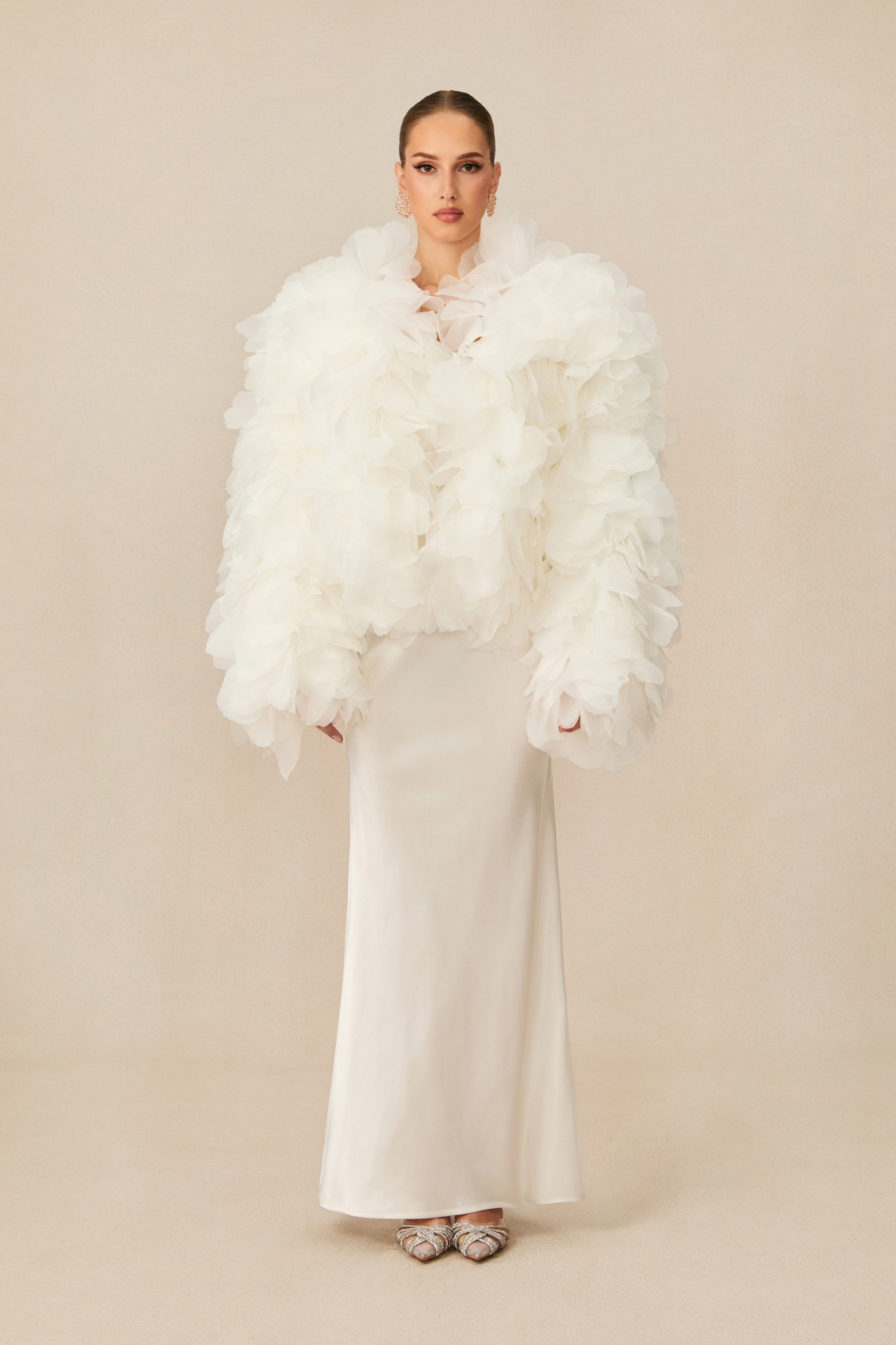 White Floral Jacket & Satin Maxi Dress